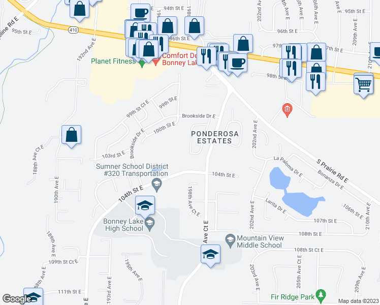 map of restaurants, bars, coffee shops, grocery stores, and more near 15401 198th Avenue East in Bonney Lake