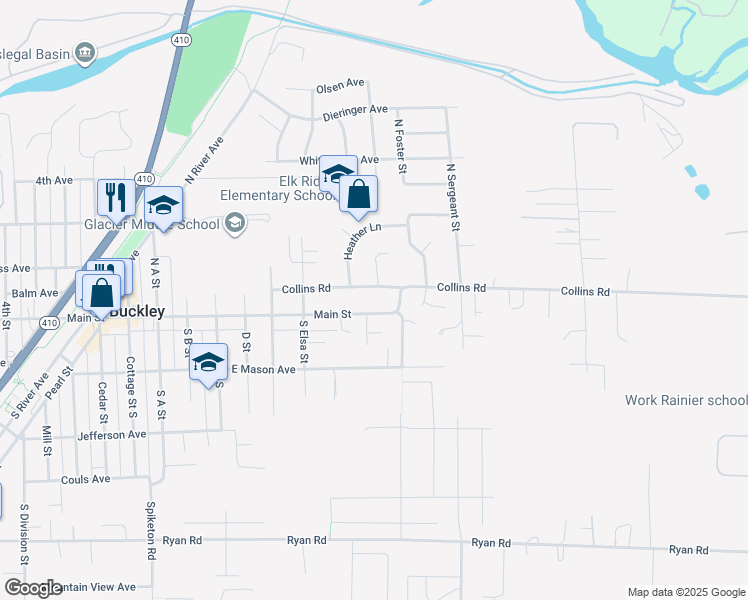 map of restaurants, bars, coffee shops, grocery stores, and more near 1487 Main Street in Buckley