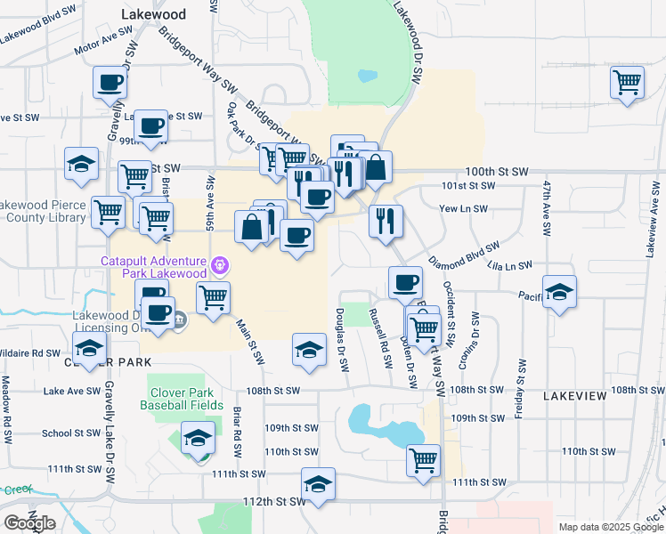 map of restaurants, bars, coffee shops, grocery stores, and more near 5413 104th Street Southwest in Lakewood