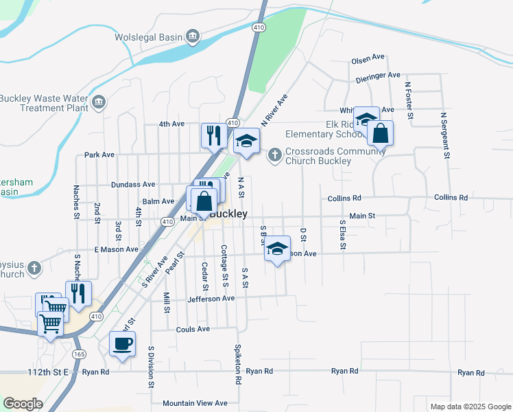 map of restaurants, bars, coffee shops, grocery stores, and more near 981 Main Street in Buckley