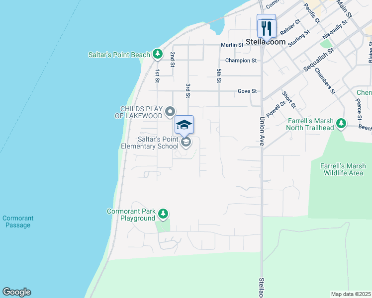 map of restaurants, bars, coffee shops, grocery stores, and more near 908 3rd Street in Steilacoom
