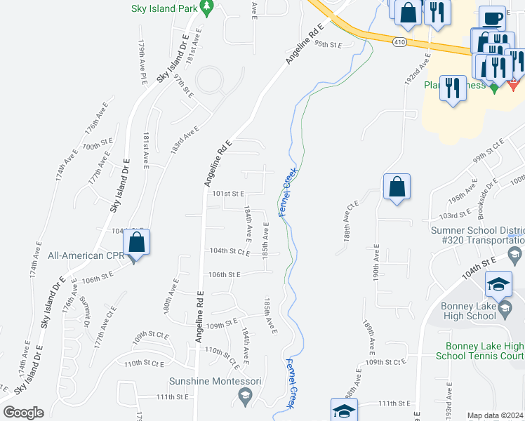 map of restaurants, bars, coffee shops, grocery stores, and more near 21722 102nd Street Court East in Bonney Lake