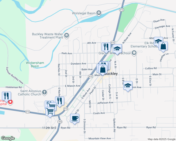 map of restaurants, bars, coffee shops, grocery stores, and more near 494 Main Street in Buckley