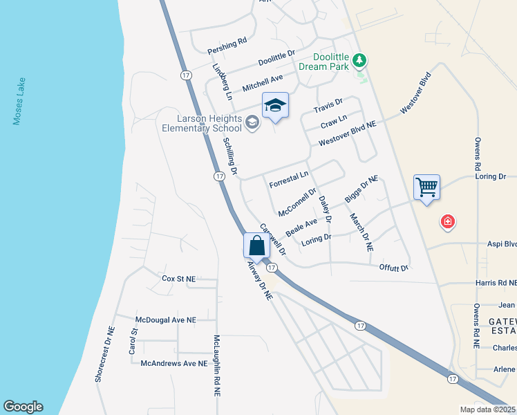 map of restaurants, bars, coffee shops, grocery stores, and more near 159 Carswell Drive in Moses Lake