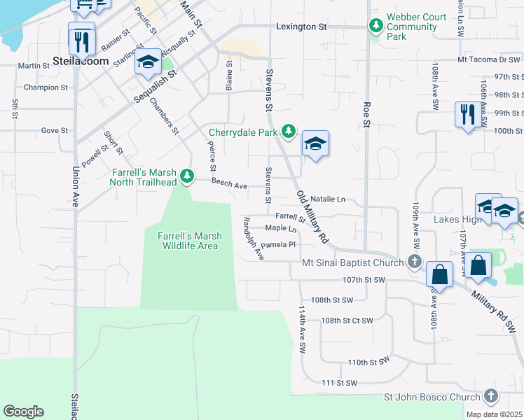 map of restaurants, bars, coffee shops, grocery stores, and more near 2309 Maple Lane in Steilacoom