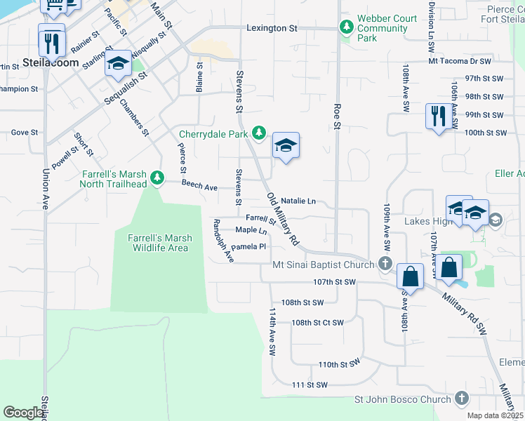 map of restaurants, bars, coffee shops, grocery stores, and more near 2329 Maple Lane in Steilacoom