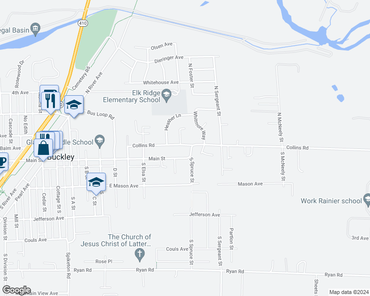 map of restaurants, bars, coffee shops, grocery stores, and more near 1487 Main Street in Buckley