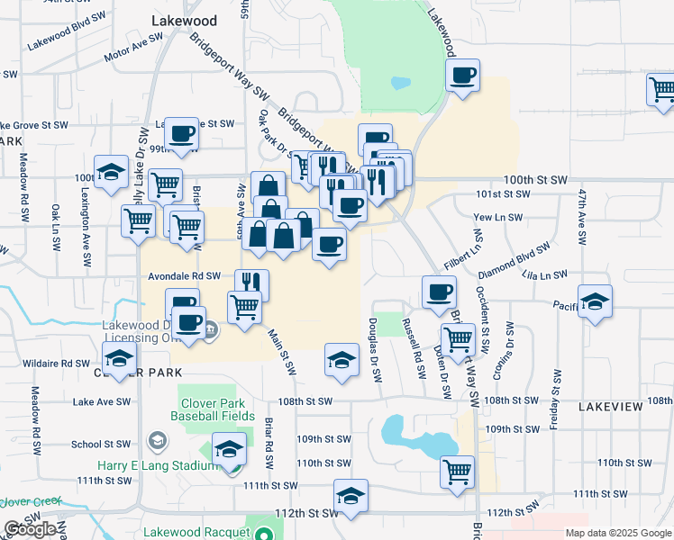 map of restaurants, bars, coffee shops, grocery stores, and more near 5618 Lakewood Towne Center Boulevard Southwest in Lakewood