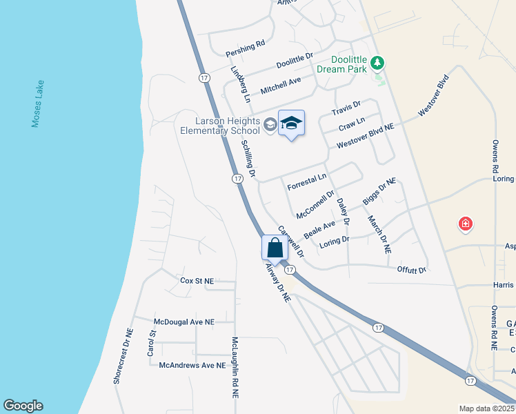 map of restaurants, bars, coffee shops, grocery stores, and more near 155 Carswell Drive in Moses Lake