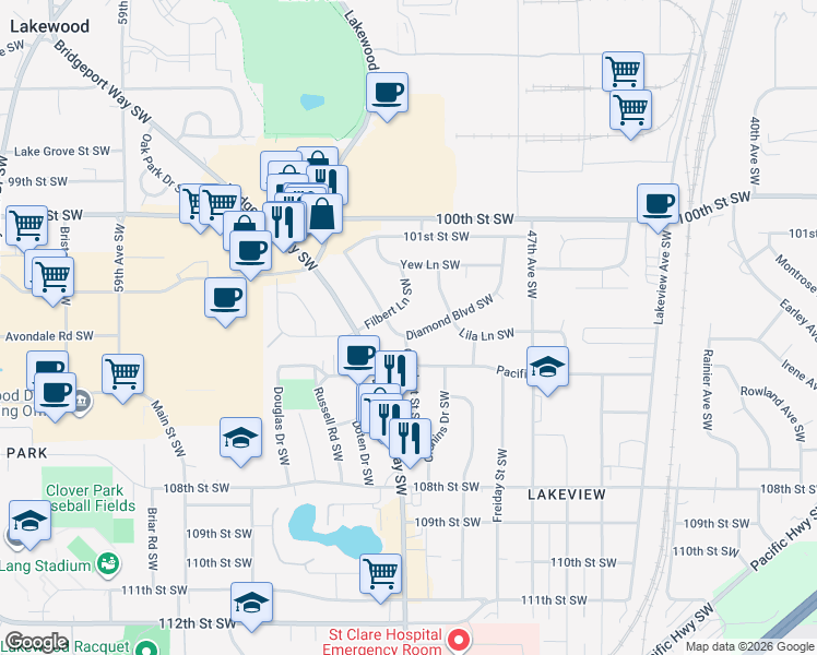 map of restaurants, bars, coffee shops, grocery stores, and more near 5019 Diamond Boulevard Southwest in Tacoma