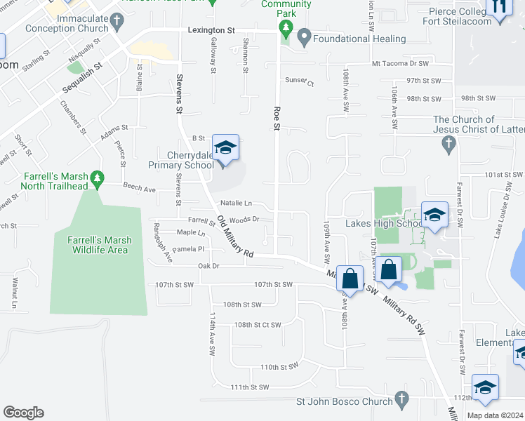 map of restaurants, bars, coffee shops, grocery stores, and more near 2520 Natalie Lane in Steilacoom