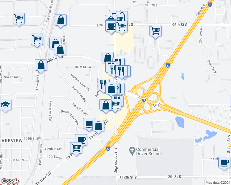 map of restaurants, bars, coffee shops, grocery stores, and more near 10222 S Tacoma Way in Tacoma