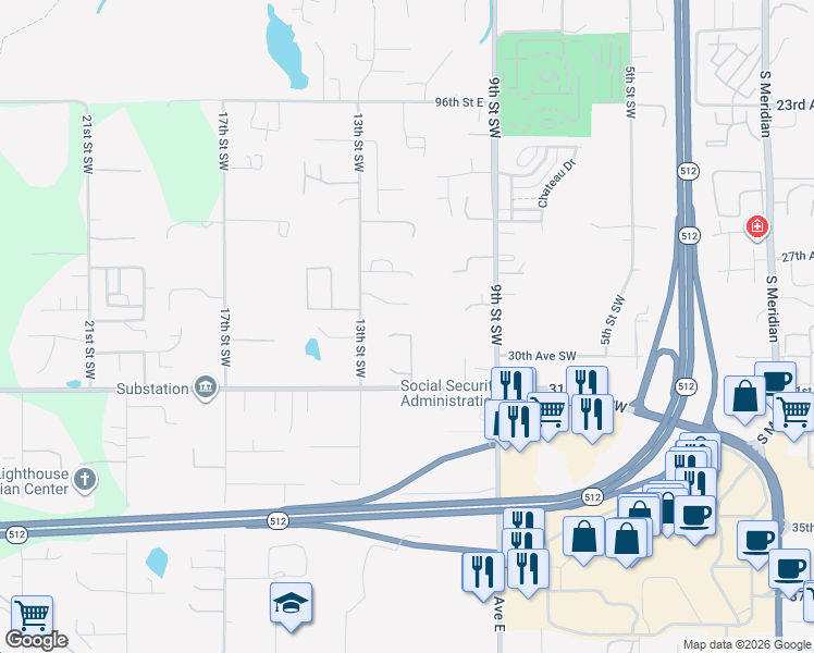map of restaurants, bars, coffee shops, grocery stores, and more near 1211 29th Avenue Court Southwest in Puyallup