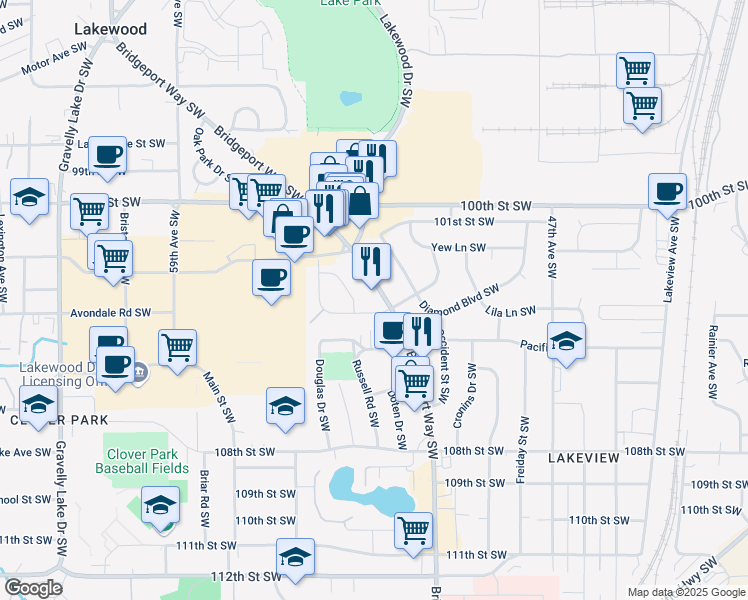 map of restaurants, bars, coffee shops, grocery stores, and more near 10227 Bridgeport Way Southwest in Lakewood