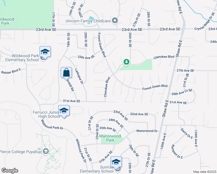 map of restaurants, bars, coffee shops, grocery stores, and more near 2804 24th Street Southeast in Puyallup
