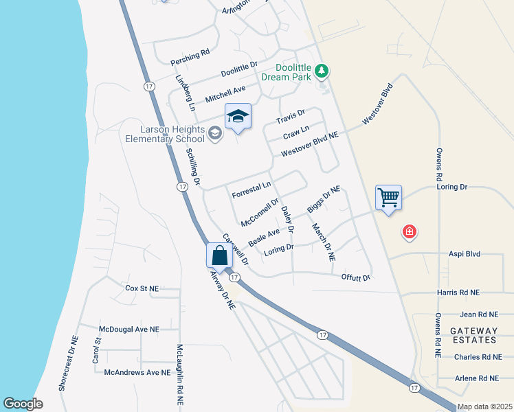 map of restaurants, bars, coffee shops, grocery stores, and more near 9021B McConnell Drive in Moses Lake