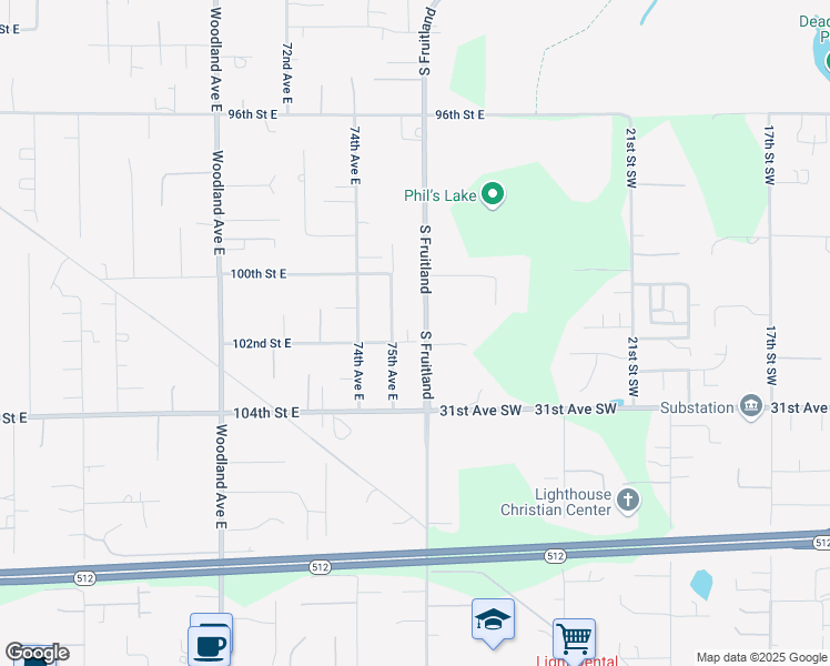 map of restaurants, bars, coffee shops, grocery stores, and more near 7519 102nd Street East in Puyallup