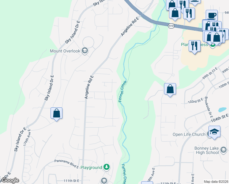 map of restaurants, bars, coffee shops, grocery stores, and more near 18505 100th Street Court East in Bonney Lake