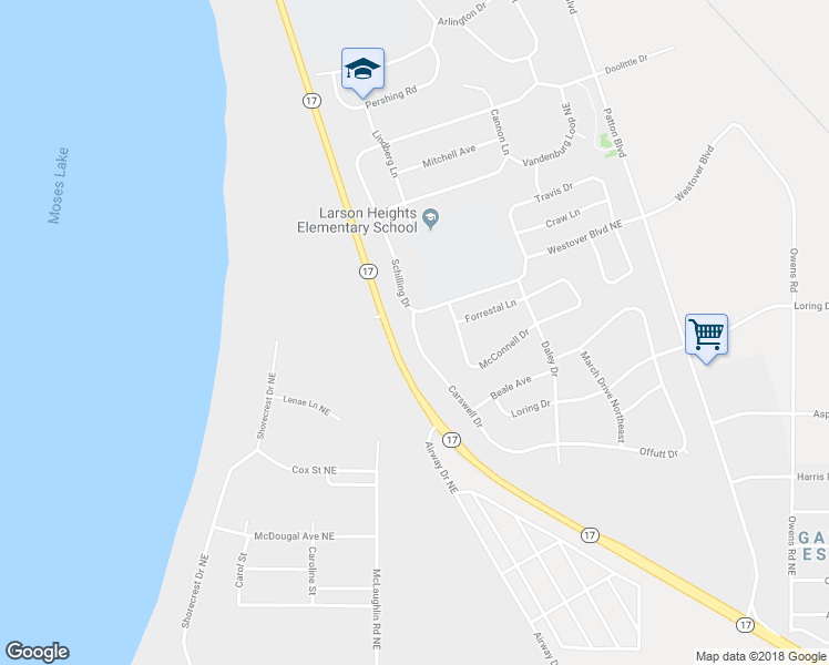 map of restaurants, bars, coffee shops, grocery stores, and more near 141 Carswell Drive in Moses Lake