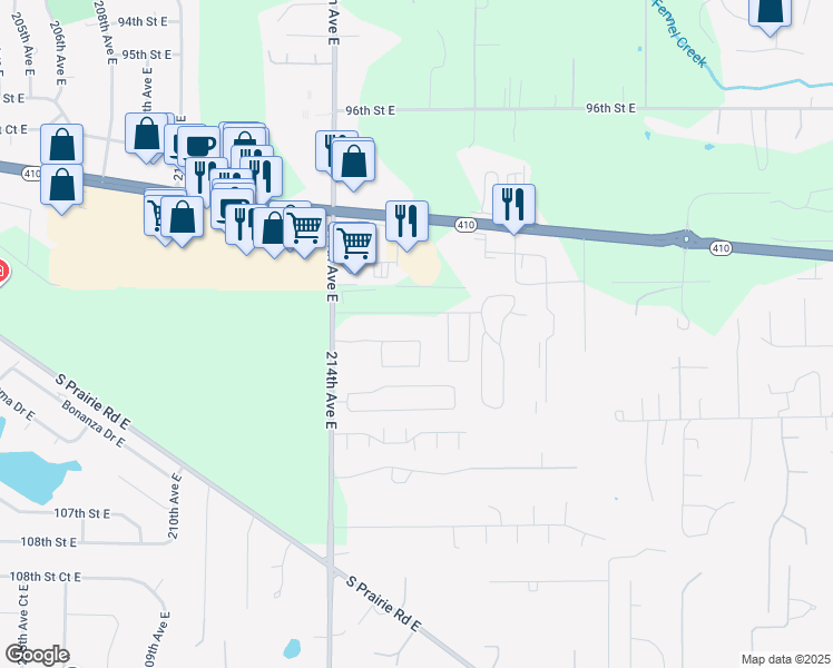 map of restaurants, bars, coffee shops, grocery stores, and more near 21533 102nd Street East in Bonney Lake