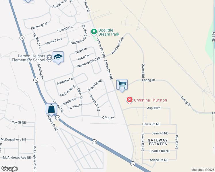 map of restaurants, bars, coffee shops, grocery stores, and more near 432 Biggs Drive Northeast in Moses Lake