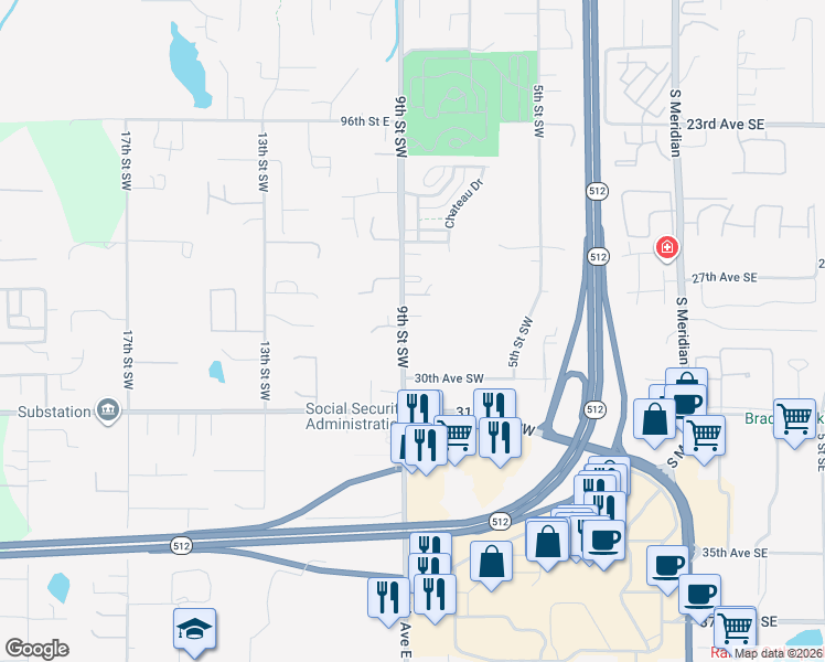 map of restaurants, bars, coffee shops, grocery stores, and more near 2817 9th Street Southwest in Puyallup