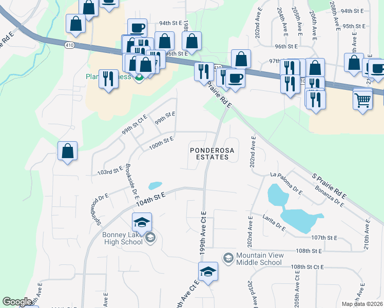 map of restaurants, bars, coffee shops, grocery stores, and more near 10108 198th Avenue East in Bonney Lake