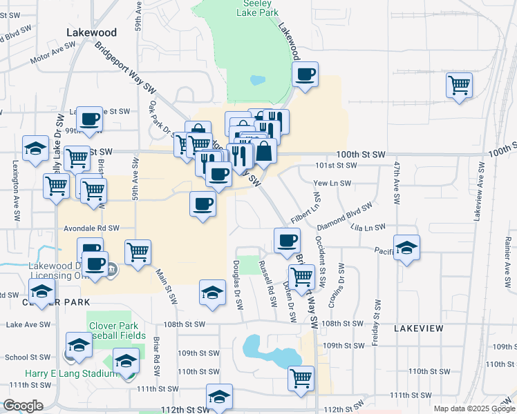 map of restaurants, bars, coffee shops, grocery stores, and more near 10217 Holly Lane Southwest in Lakewood