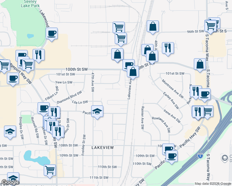 map of restaurants, bars, coffee shops, grocery stores, and more near 10214 Lakeview Avenue Southwest in Lakewood
