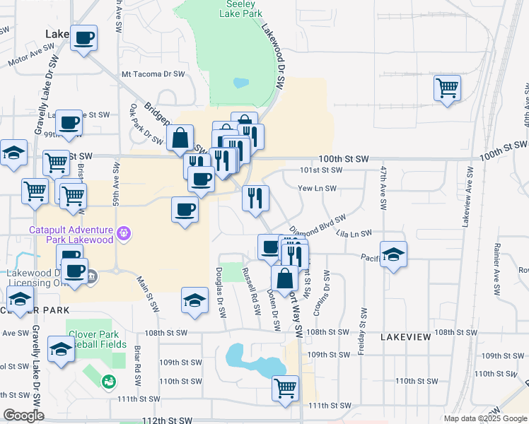 map of restaurants, bars, coffee shops, grocery stores, and more near 10227 Bridgeport Way Southwest in Lakewood