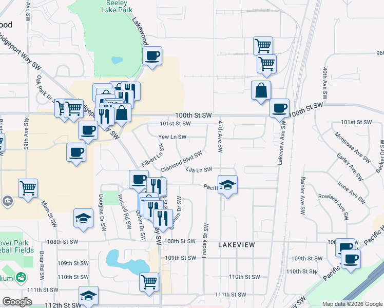 map of restaurants, bars, coffee shops, grocery stores, and more near 4829 Diamond Boulevard Southwest in Lakewood