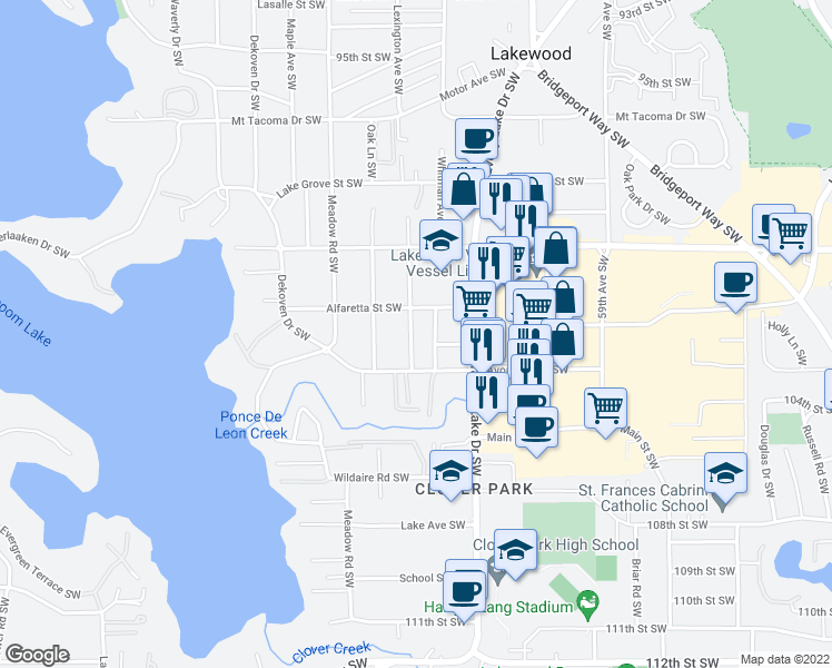 map of restaurants, bars, coffee shops, grocery stores, and more near 10213 Lexington Avenue Southwest in Lakewood