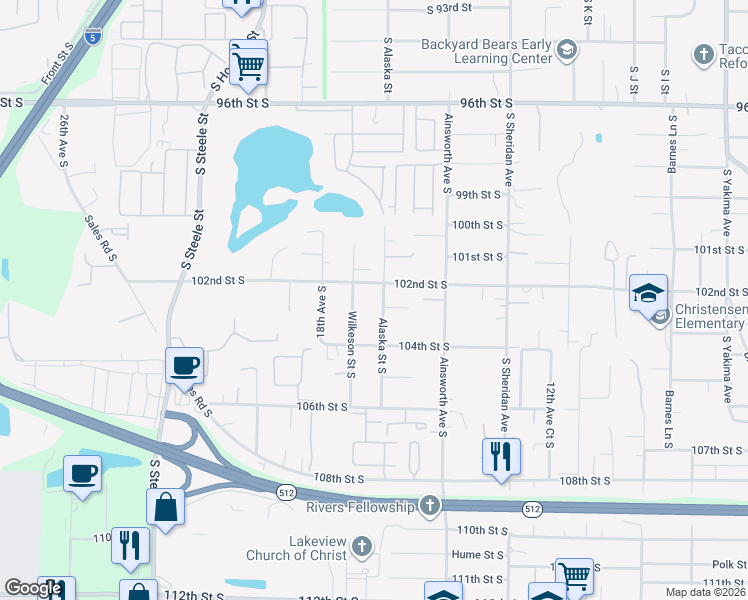 map of restaurants, bars, coffee shops, grocery stores, and more near 10212 Alaska Street South in Tacoma