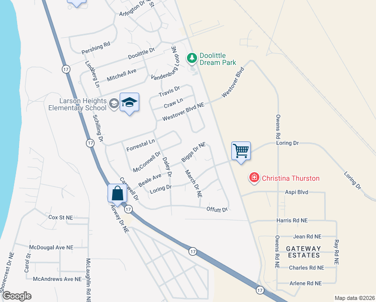 map of restaurants, bars, coffee shops, grocery stores, and more near 406 Biggs Drive Northeast in Moses Lake