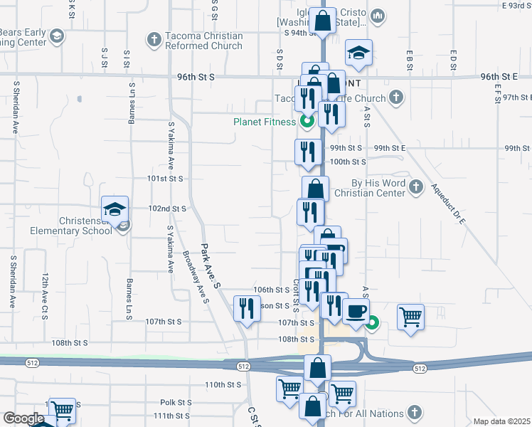 map of restaurants, bars, coffee shops, grocery stores, and more near 10130 Patterson Street South in Tacoma
