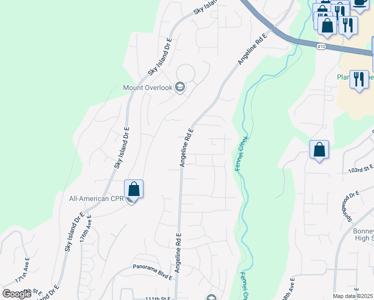 map of restaurants, bars, coffee shops, grocery stores, and more near 18202 101st Street East in Bonney Lake