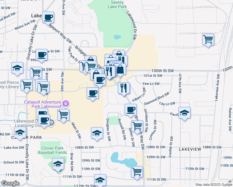 map of restaurants, bars, coffee shops, grocery stores, and more near 10215 Holly Lane Southwest in Tacoma