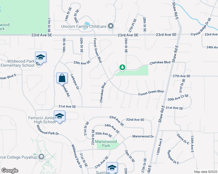 map of restaurants, bars, coffee shops, grocery stores, and more near 2804 24th Street Southeast in Puyallup