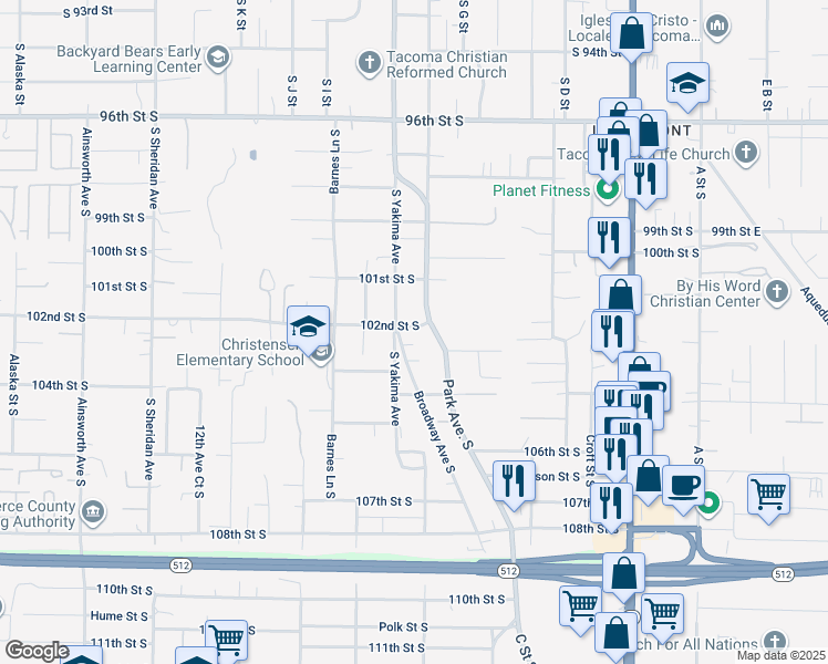 map of restaurants, bars, coffee shops, grocery stores, and more near 10202 Park Avenue South in Tacoma