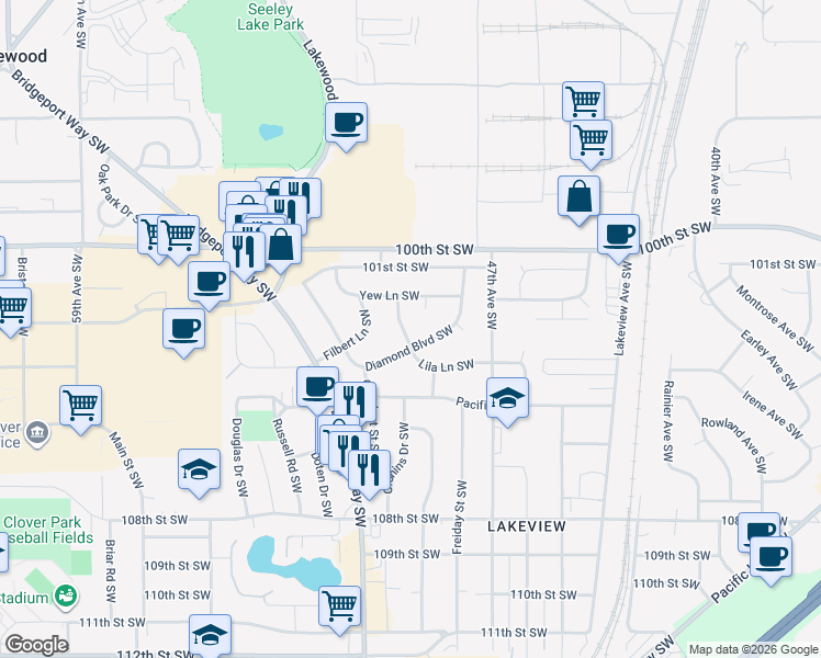 map of restaurants, bars, coffee shops, grocery stores, and more near 4829 Diamond Boulevard Southwest in Lakewood