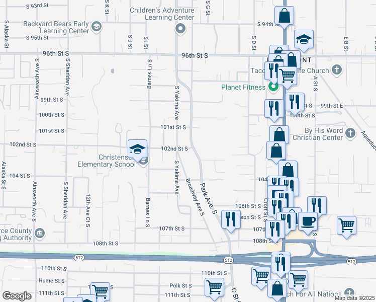 map of restaurants, bars, coffee shops, grocery stores, and more near 754 102nd Street South in Tacoma