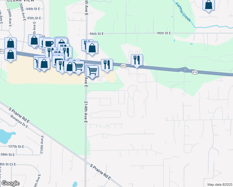 map of restaurants, bars, coffee shops, grocery stores, and more near 21533 102nd Street East in Bonney Lake