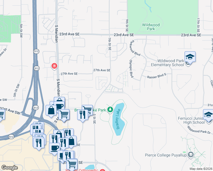 map of restaurants, bars, coffee shops, grocery stores, and more near 2813 6th Street Southeast in Puyallup