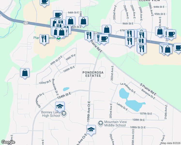 map of restaurants, bars, coffee shops, grocery stores, and more near in Bonney Lake
