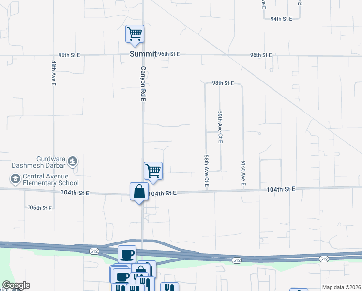 map of restaurants, bars, coffee shops, grocery stores, and more near 10007 Canyon Road East in Puyallup