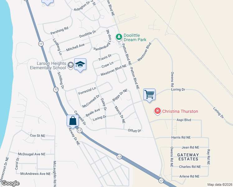 map of restaurants, bars, coffee shops, grocery stores, and more near 406 Biggs Drive Northeast in Moses Lake