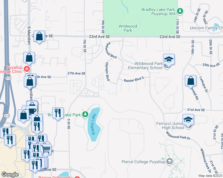 map of restaurants, bars, coffee shops, grocery stores, and more near 2817 10th Street Court East in Puyallup