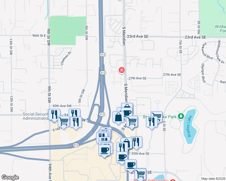 map of restaurants, bars, coffee shops, grocery stores, and more near 10116 South Meridian in Puyallup