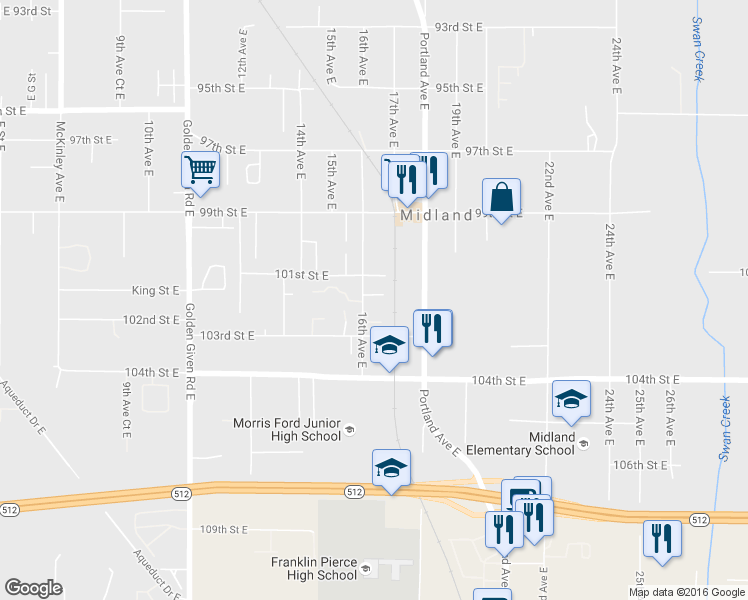 map of restaurants, bars, coffee shops, grocery stores, and more near 1604 101st Street Court East in Tacoma