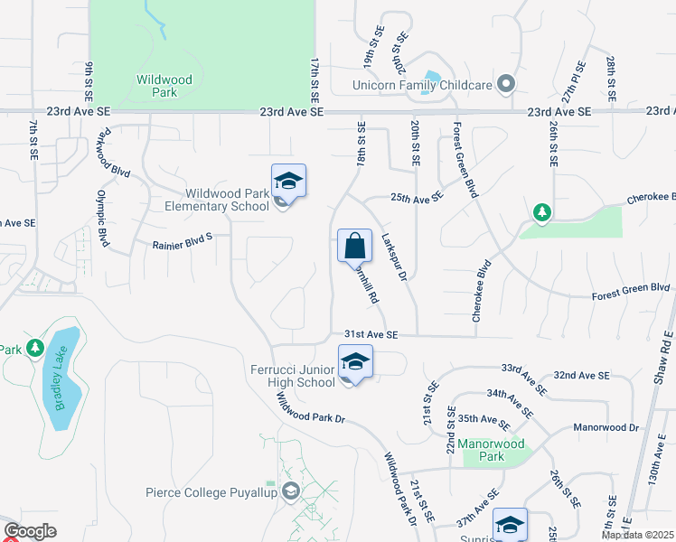 map of restaurants, bars, coffee shops, grocery stores, and more near 2705 18th Street Southeast in Puyallup